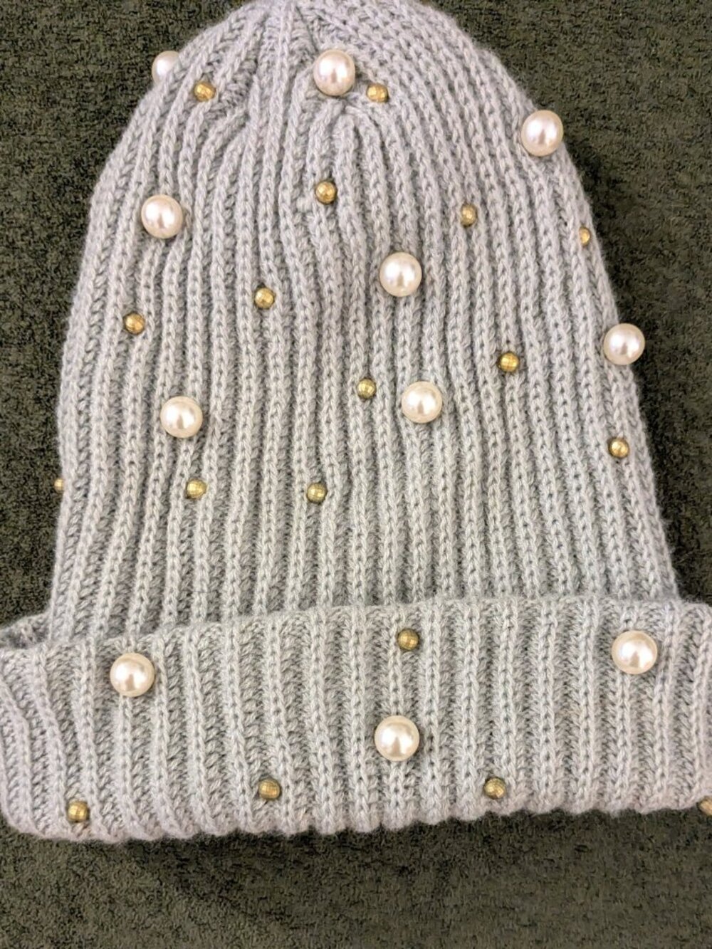 Gray Ribbed Knit Beanie Pearl Gold Beads Embellished One Size